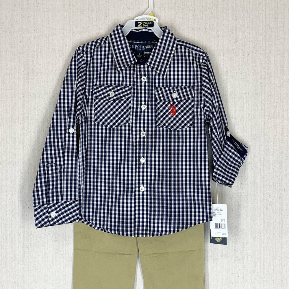 U.S. Polo Assn~NWT~Boy’s 2 Piece Plaid Button Up Shirt/Khaki Pant Set~Sz 6 - Picture 2 of 15